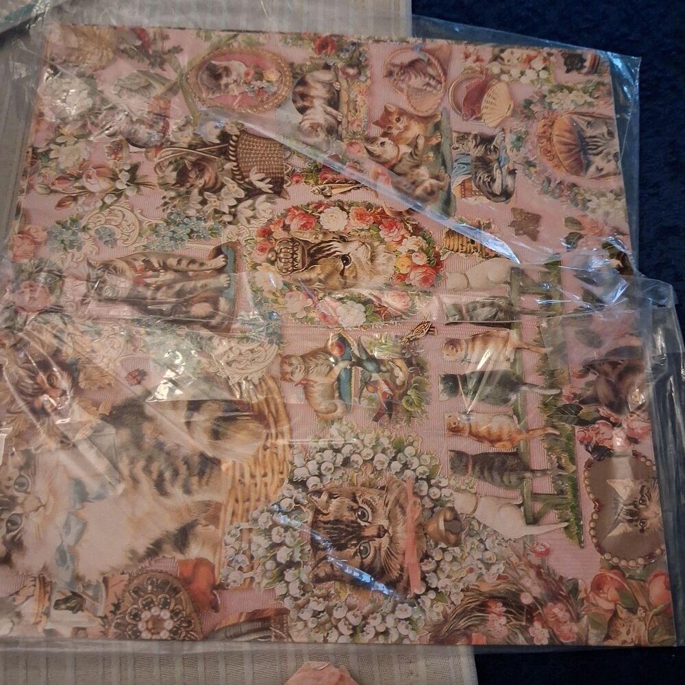 Cat Kitten Wrapping Paper Sheets Pink Floral Design Gift Wrap